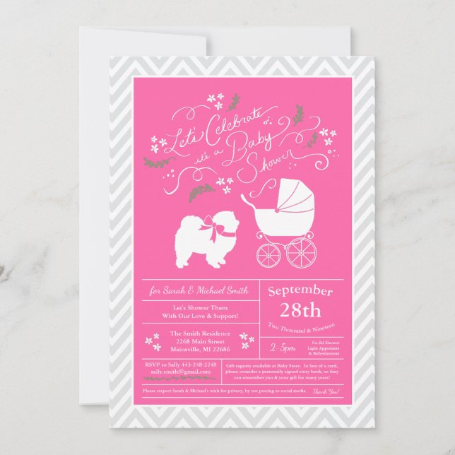 Invitation Chow Chow Chien Baby shower fille rose (Devant)