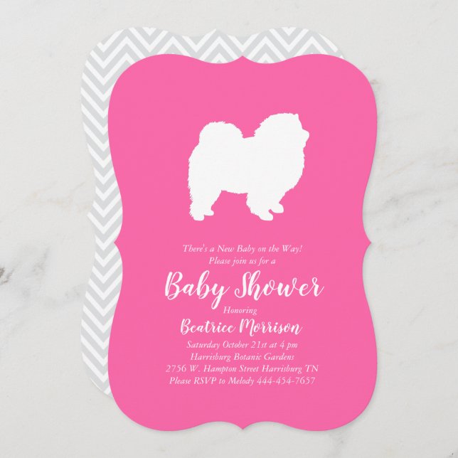 Invitation Chow Chow Chien Baby shower fille rose (Devant / Derrière)