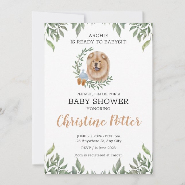 Invitation Chow Chow Chien Chien Chiot Baby shower Boho Verdu (Devant)