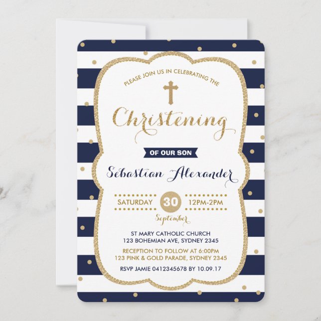 Invitation Christening Boy Navy & Gold Confetti (Devant)