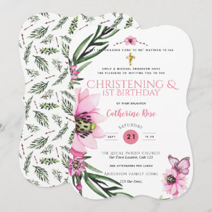 Invitation Christening et 1er anniversaire filles rose floral