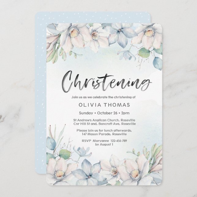 Invitation Christening | florales d'hiver bleues (Devant / Derrière)
