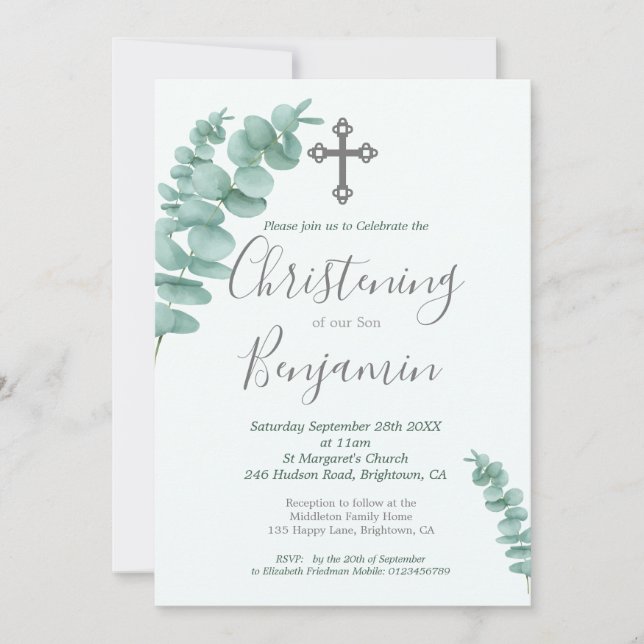 Invitation Christening Garçon Eucalyptus Verdure Moderne (Devant)