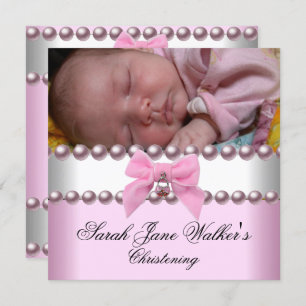 Invitation Christening Girl rose blanc rose Pearl photo