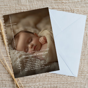 Invitation Christening moderne   Baptême photo neutre pour le