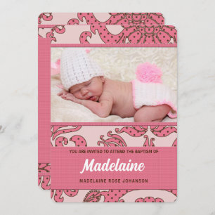 Invitation Christening rose et Brown pour fille avec photo
