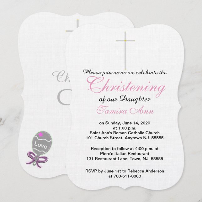 Invitation Christening Silver Cross Daughter Rose Rattle (Devant / Derrière)