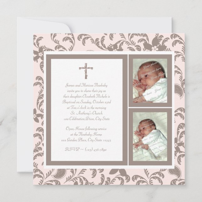 Invitation Christening Soft Rose et Brown Paisley Photo (Devant)