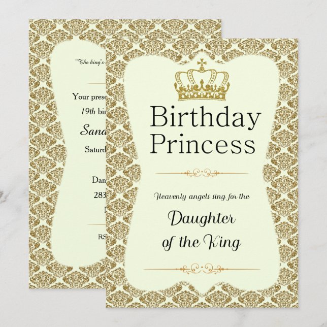 Invitation Christian Birthday Princess Gold et Cream Damask (Devant / Derrière)