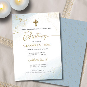 Invitation Christian Blue Gold Cross Garçon Christening