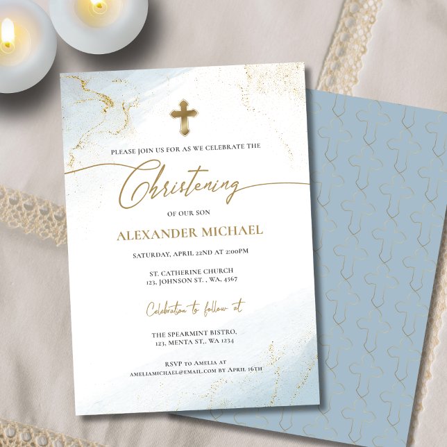 Invitation Christian Blue Gold Cross Garçon Christening (Créateur téléchargé)