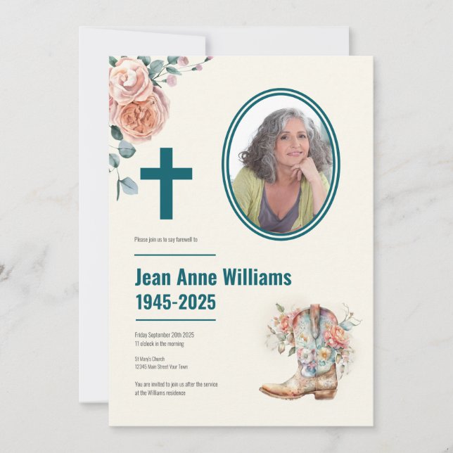 Invitation Christian Funeral Cowgirl Boot & Roses | 4 Photo (Devant)