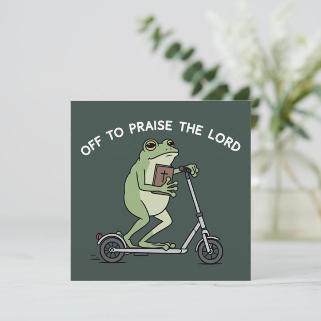 Invitation Christian Funny Frog Off To Praise The Lord Bible  (Debout devant)