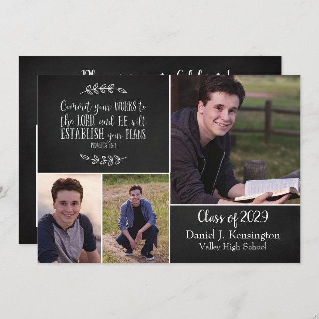 Invitation Christian Graduation Bible Verse 3 Photo Collage (Devant / Derrière)