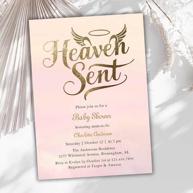 Invitation Christian Heaven a envoyé des nuages roses Baby sh (Elegant "Heaven Sent" girl's baby shower invitation)