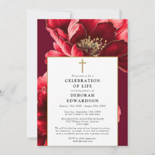 Invitation Christian Red Elegant Floral Célébration De La Vie
