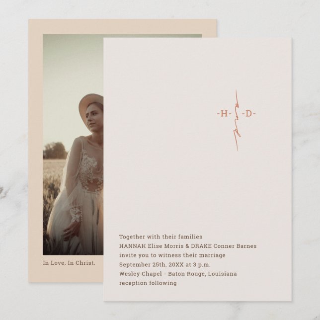 Invitation Christian Wedding Hand Lettered Monogram Cross (Devant / Derrière)