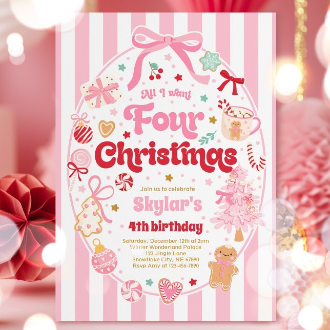 Invitation Christmas 4th Birthday Party Coquette Bow Birthday (Créateur téléchargé)