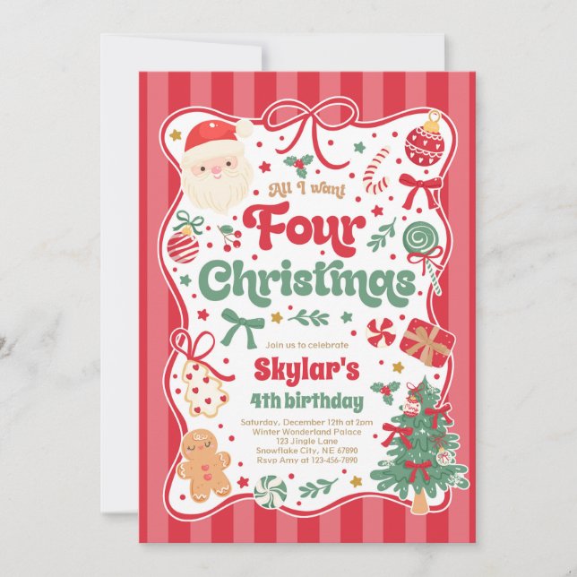 Invitation Christmas 4th Birthday Party Coquette Bow Birthday (Devant)