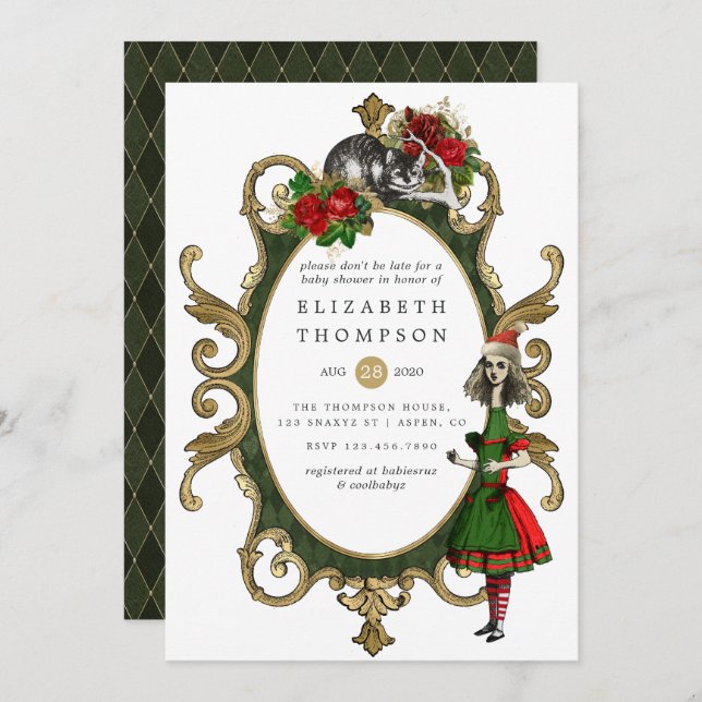 Invitation Christmas Alice In Wonderland Baby shower (Devant / Derrière)