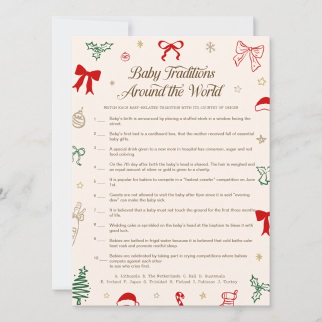 Invitation Christmas Baby Shower Baby Traditions Game Card (Devant)