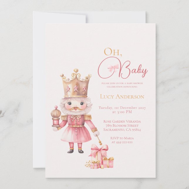 Invitation Christmas Baby Shower Pink Nutcracker Watercolor  (Devant)