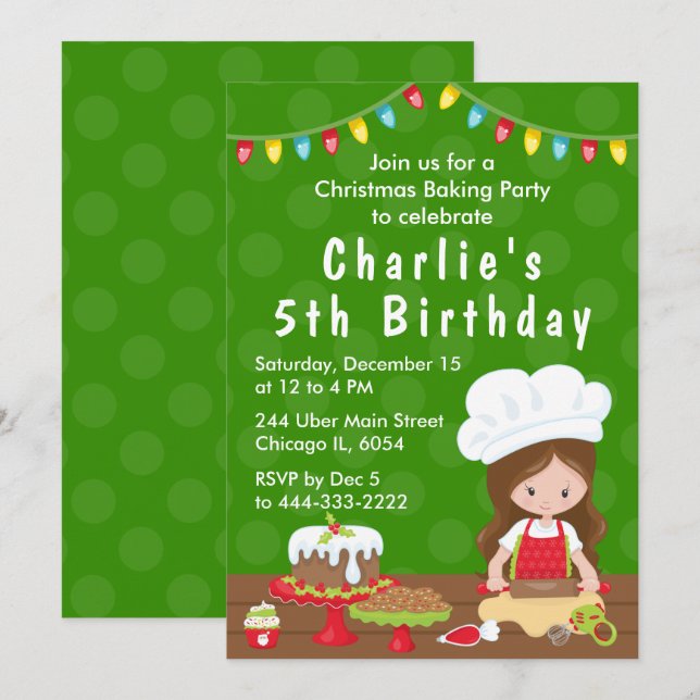 Invitation Christmas Baking Anniversaire Brown Hair Girl Invi (Devant / Derrière)