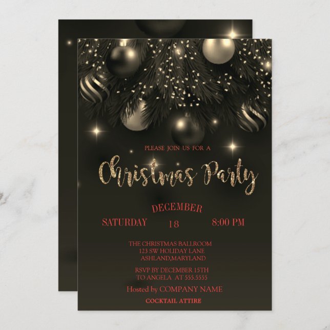 Invitation Christmas Balls Black Christmas Company Party (Devant / Derrière)