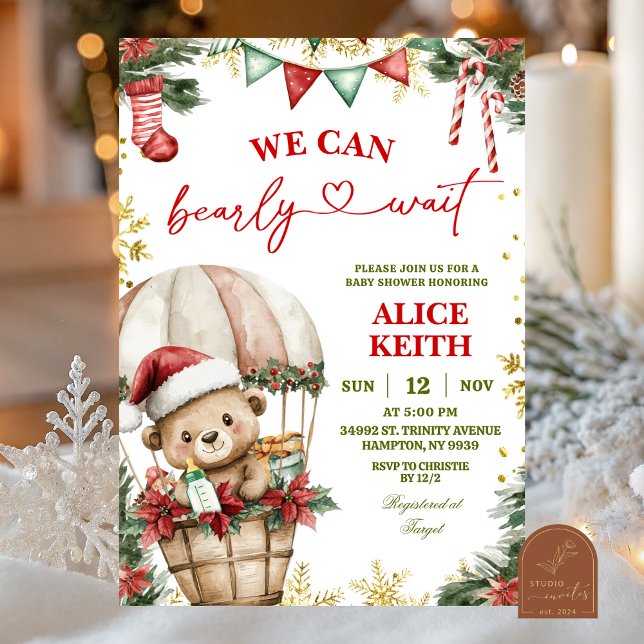 Invitation Christmas Bear Air Balloon Santa Boy Baby Shower (Créateur téléchargé)