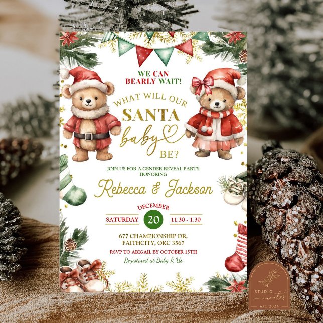 Invitation Christmas Bear Santa Baby Gender Reveal  (Créateur téléchargé)