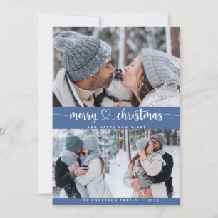 Invitation Christmas blue 3 Collage Multi Photo Holiday Card