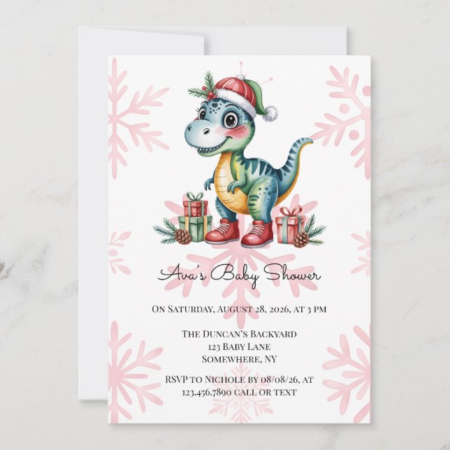 Invitation Christmas Blue Dino and Presents Boy Baby Shower (Devant)