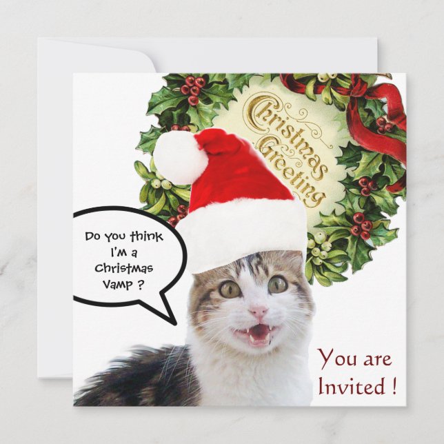 INVITATION CHRISTMAS CAT AVEC SANTA CLAUS CASQUETTE FÊTE DE V (Devant)