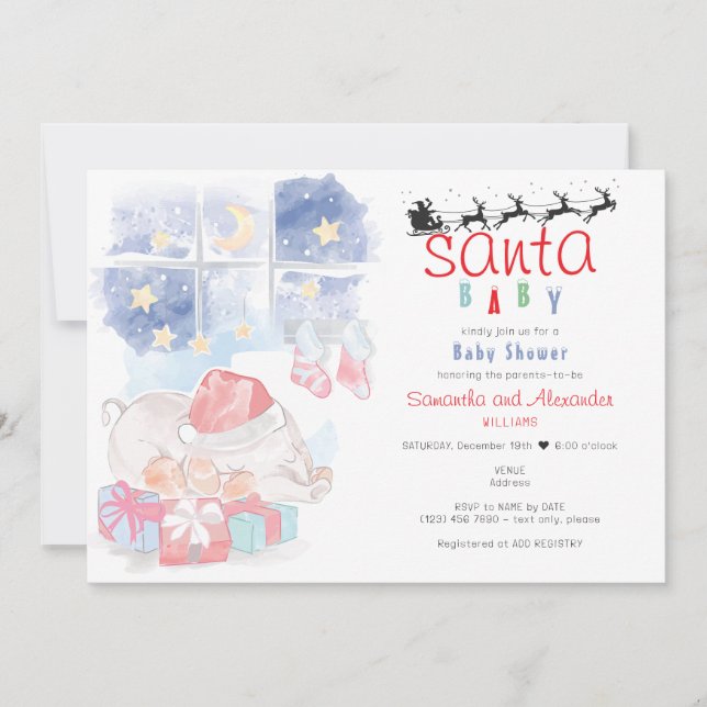 Invitation Christmas Celestial Watercolor Santa Baby Shower (Devant)