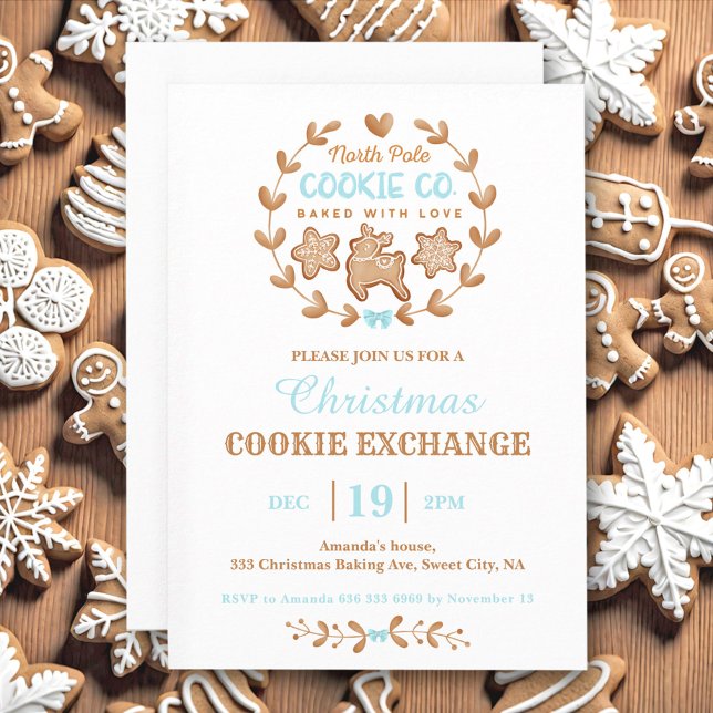 Invitation Christmas Cookie Exchange Gingerpain Bleu Simple (Christmas Cookie Exchange Gingerbread Blue Simple Invitation)