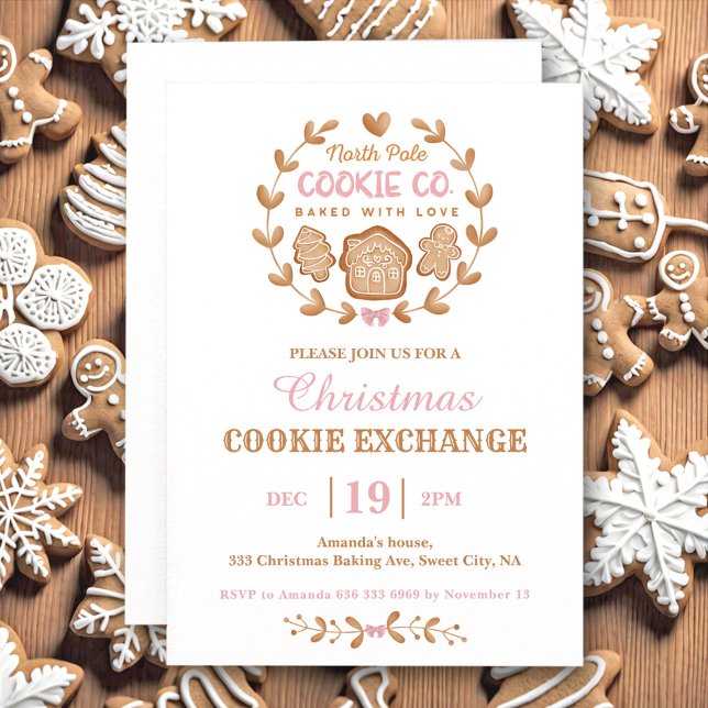 Invitation Christmas Cookie Exchange Gingerpain rose simple (Christmas Cookie Exchange Gingerbread Pink Simple Invitation)