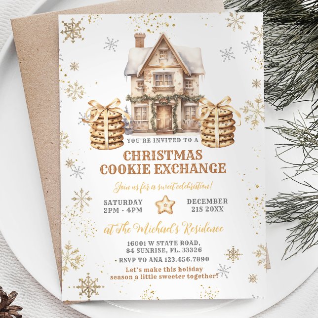 Invitation Christmas Cookie Exchange Gold Snowflake Party (Créateur téléchargé)