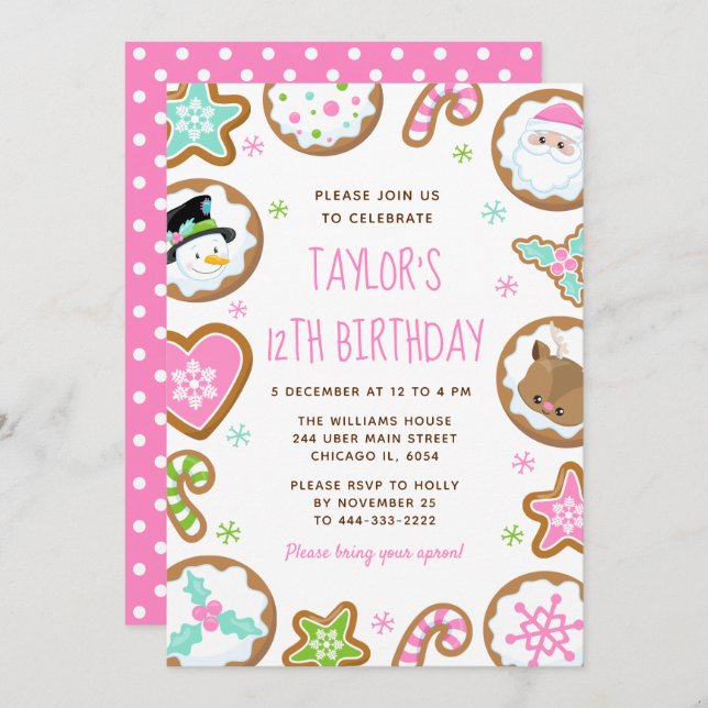Invitation Christmas Cookies Birthday Party Pink and Green (Devant / Derrière)