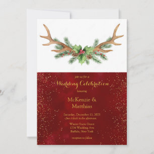Invitation Christmas Deer Antler Burgundy Gold Mariage