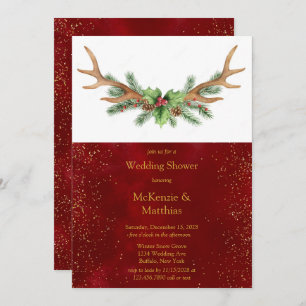 Invitation Christmas Deer Antler Burgundy Gold Wedding shower