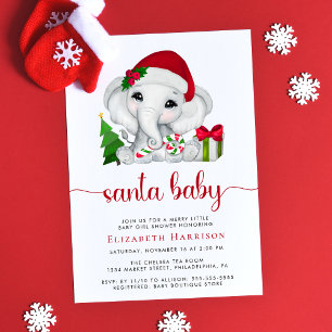 Invitation Christmas Elephant Père Noël Baby Girl Douche