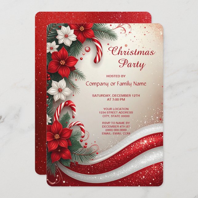 Invitation Christmas Floral Candy Canes Holiday Party (Devant / Derrière)