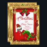 Invitation Christmas Girl Baby shower rouge or boîte cadeau A<br><div class="desc">Bébé en boîte cadeau Noël Fille ou Baby shower garçon Boîte cadeau rouge Or et or orné. Non sexiste. Chapeau de Noël de Noël et décorations. Avec des bas d'or rouge et un Holly vert rouge. Baby shower couple. Afro-Américain</div>