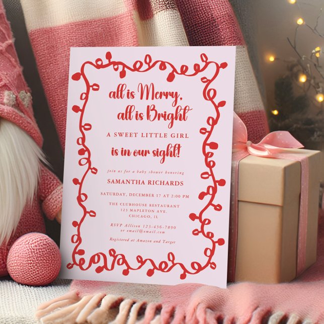 Invitation Christmas Girl blush pink red lights baby shower (Créateur téléchargé)