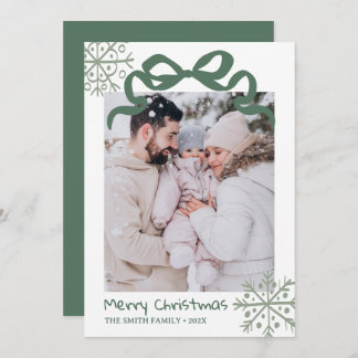 Invitation Christmas Green Bow snowflakes Photo card 