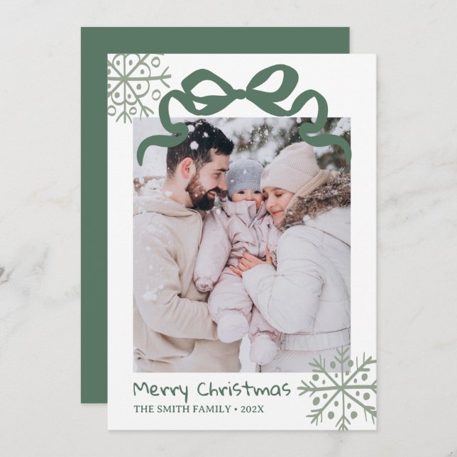Invitation Christmas Green Bow snowflakes Photo card  (Devant / Derrière)