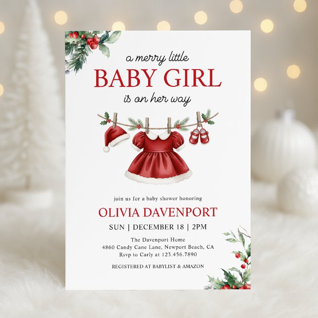 Invitation Christmas Greenery Merry Little Girl Baby Shower (Créateur téléchargé)