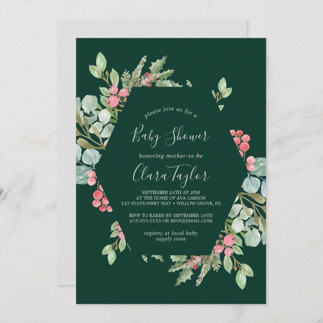 Invitation Christmas Greenery & Red Berry | Baby shower vert (Devant / Derrière)
