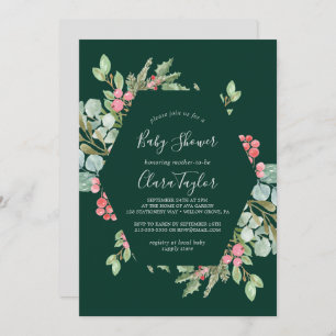 Invitation Christmas Greenery & Red Berry Baby shower vert