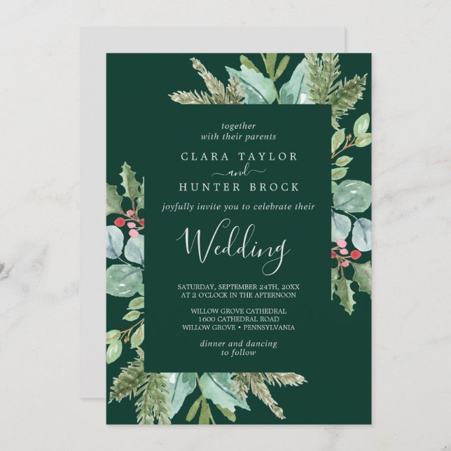 Invitation Christmas Greenery & Red Berry | Mariage vert (Devant / Derrière)